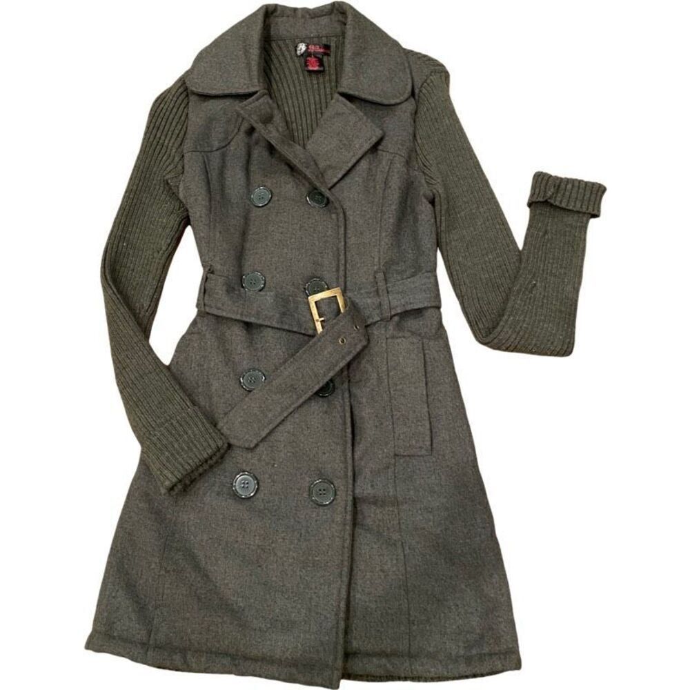 JJ Basics Trench Belted Long Sweater Cardigan Jacket Olive Green Size Small